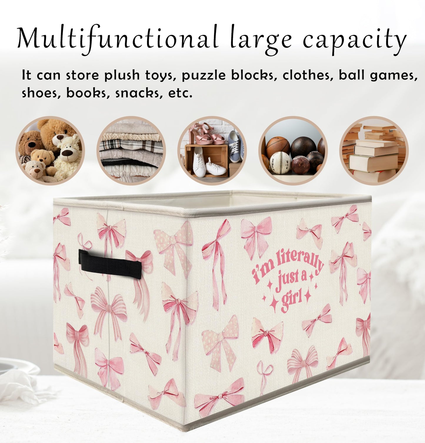 FDHSPAAM Coquette Preppy Pink Bow Storage Bins Box with Handles, I'm Iiterally Just a Girl Collapsible Fabric Storage Basket Box Organizer for Girls Dorm Bedroom Bathroom Clothes Toys Books