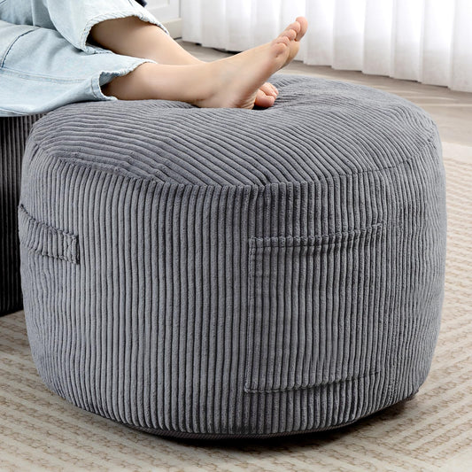 Manyday Round Stuffed Pouf Ottoman,Corduroy Foot Rest with Rebound Foam Filled, Furry and Fluffy Foot Stool Ottoman, Floor Poufs for Living Room (Gray, 26" D x 26" W x 18" H)
