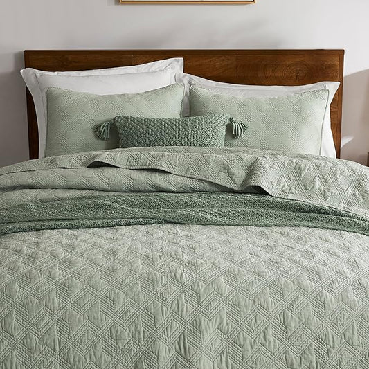 WDCOZY 100% Cotton King Size Quilt Set - Sage Green Pre-Washed Soft Lightweight Modern Bedspread, Farmhouse Country Rustic Coverlet, Textured Like Linen, Shabby Chic Gauze Bedding, 3 Pieces