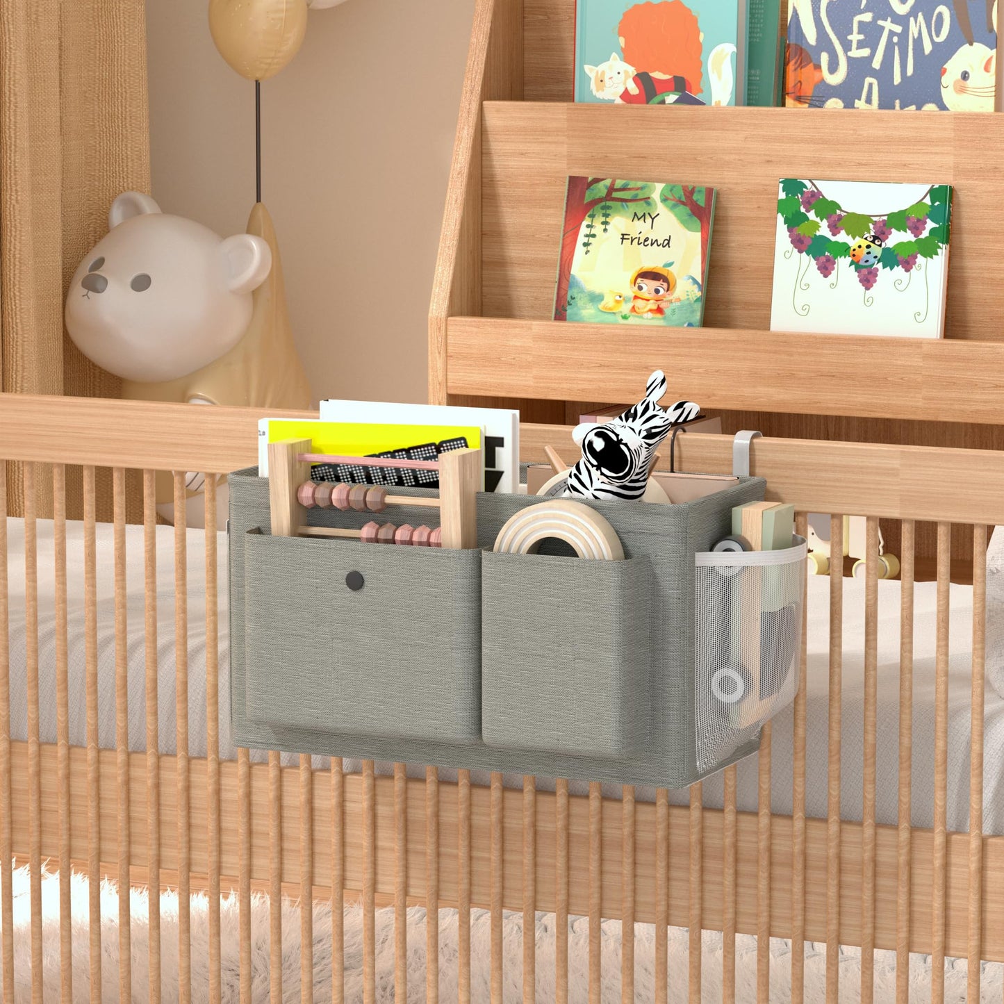 Edudif Bedside Caddy Bedside Organizer with Fixed Straps & Water Bottle Holder, Bunk Bed Caddy ideal for Home, Dorm, Hospital, Crib, Versatile Bedside Storage Solution