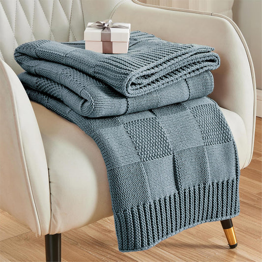 CozeCube Check Knit Throw Blanket, Dusty Blue Checkered Throw for Couch, Decorative Christmas Soft Cozy Warm Knitted Blanket for Bed Sofa Living Room, 50"X60"
