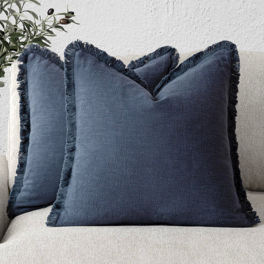 Foindtower Set of 2 Decorative Linen Fringe Throw Pillow Covers Cozy Boho Farmhouse Cushion Cover with Tassels Soft Accent Pillowcase for Couch Sofa Bed Living Room Home Decor,18×18 Inch,Navy Blue