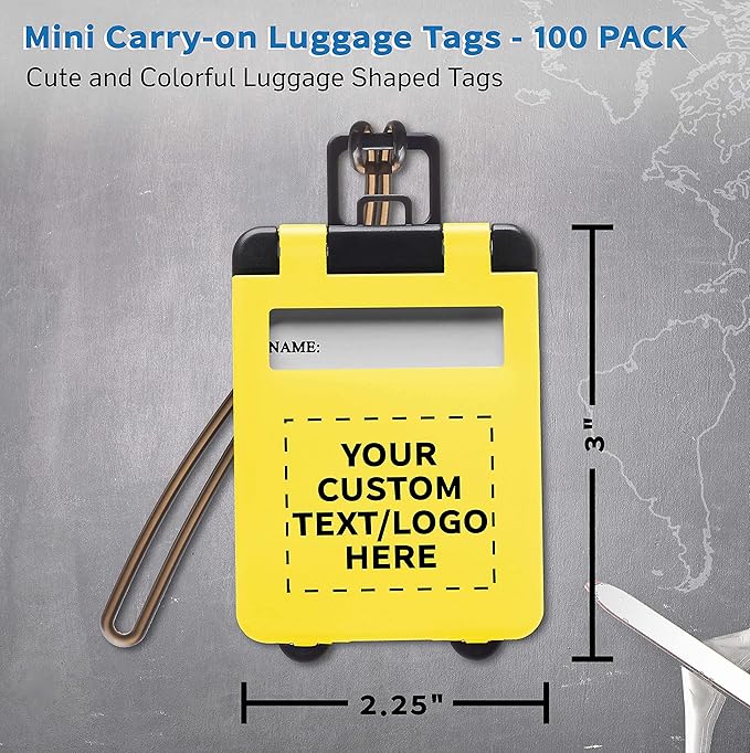 100 Mini Carry-on Luggage Tags Pack - Customizable Text, Logo - Flip Open Cover, ID Sticker - Yellow
