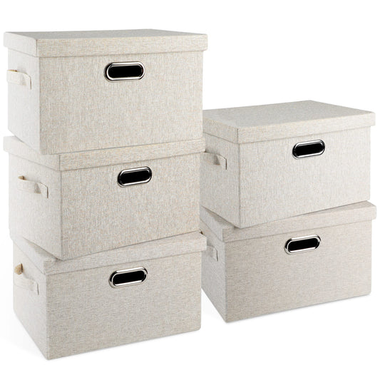 Graciadeco Medium 15" 21 Quart Collapsible Stackable Storage Bins with Lids, 5 Packs Beige Foldable Fabric Closet Boxes Heavy-duty Linen Cube Baskets Container for Bedroom Office (15 x 11 x 8)