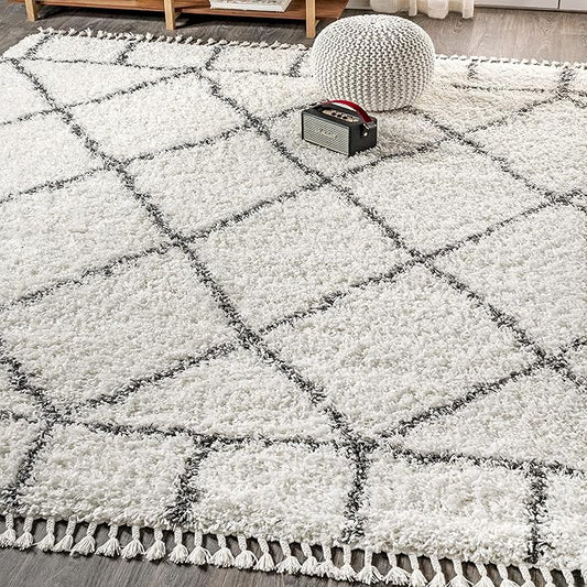JONATHAN Y Mercer Shag Plush Tassel Ivory/Gray Indoor Area Rug, 3x5, Moroccan Geometric Trellis, Easy-Cleaning for Living Room, Bedroom, Kitchen, Pet Friendly, Non-Shedding (MCR101B-3)