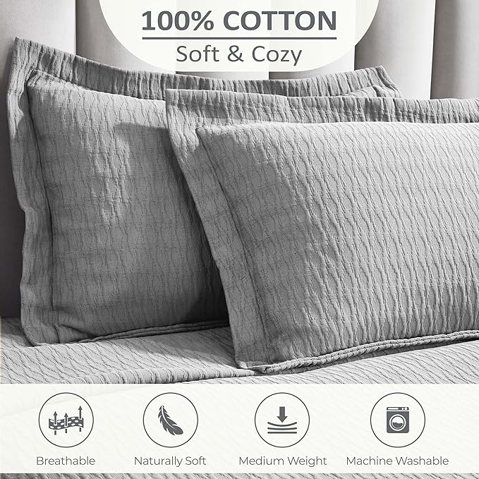 Superior 3 Piece Cotton Bedspread Set, Home Bed Decor, Decorative Bed Spread, 2 Pillow Shams, Medium Weight Blanket, Matelasse Coverlet, Bedding Essentials, Calvert Collection, King, Grey