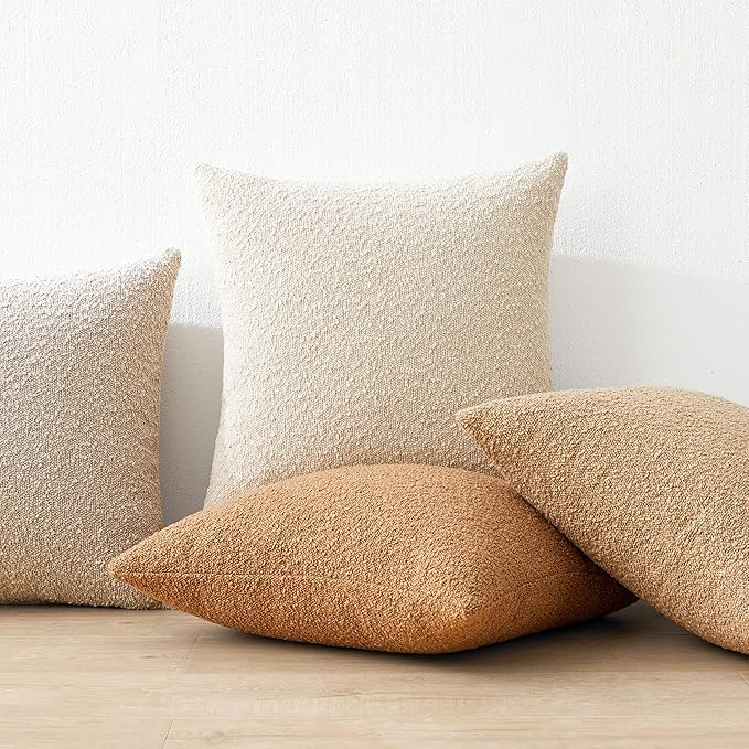 Mixhug Decorative Boucle Throw Pillow Covers, Dark Flax, 18 x 18 Inches, Pack of 2 - Neutral Textured Boho Pillow Covers for Couch and Bed