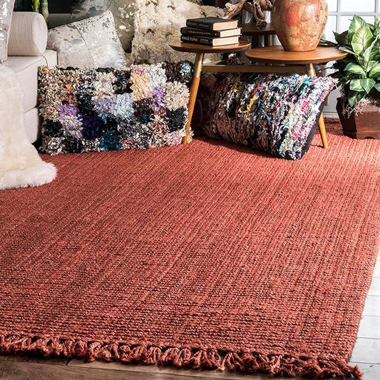 nuLOOM 5x8 Daniela Jute Tassel Hand Woven Area Rug, Brick, Solid Chunky Farmhouse Design, Natural Fiber, For Bedroom, Dining Room, Living Room, Hallway, Office, Entryway
