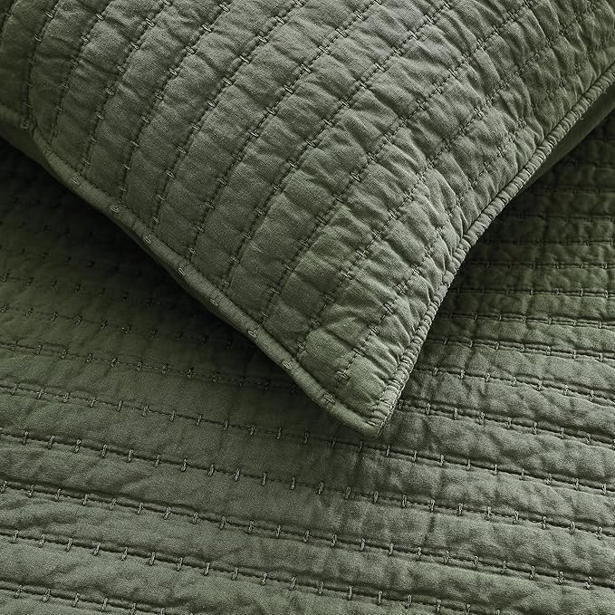 WDCOZY 100% Cotton Oversized King Size Quilt Set - Olive Green California Cal King Striped Pick Stitch Soft Lightweight Bedspread, Textured Like Linen, Farmhouse Country Rustic Coverlet, 3 Pieces