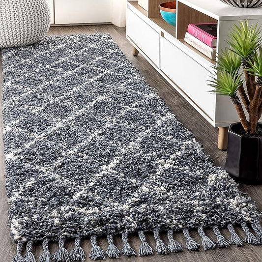 JONATHAN Y Mercer Shag Plush Tassel Blue/Cream Runner Rug, 2x8, Moroccan Geometric Trellis, Easy-Cleaning for Living Room, Bedroom, Kitchen, Pet Friendly, Non-Shedding (MCR101A-28)