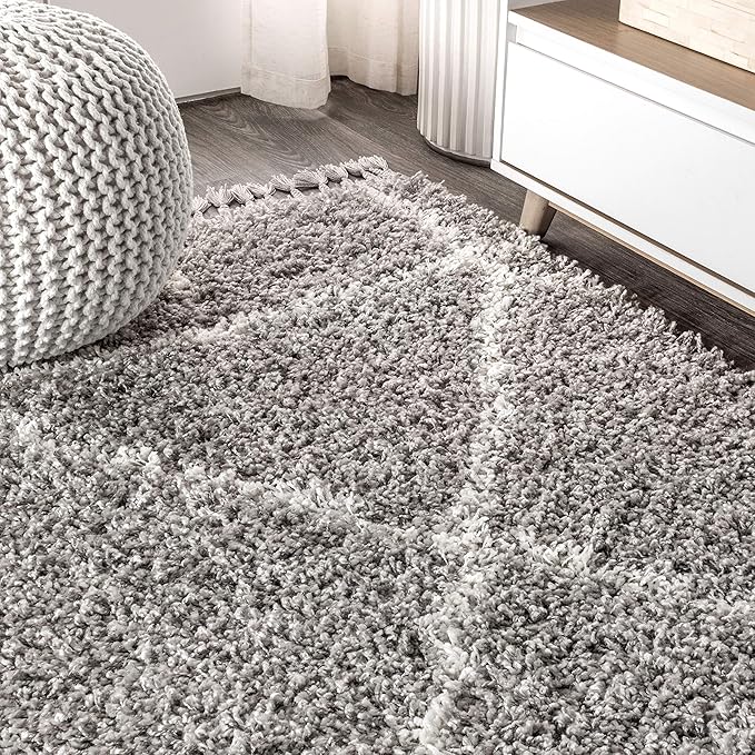JONATHAN Y Mercer Shag Plush Tassel Gray/Ivory Runner Rug, 2x8, Moroccan Geometric Trellis, Easy-Cleaning for Living Room, Bedroom, Kitchen, Pet Friendly, Non-Shedding (MCR101C-28)
