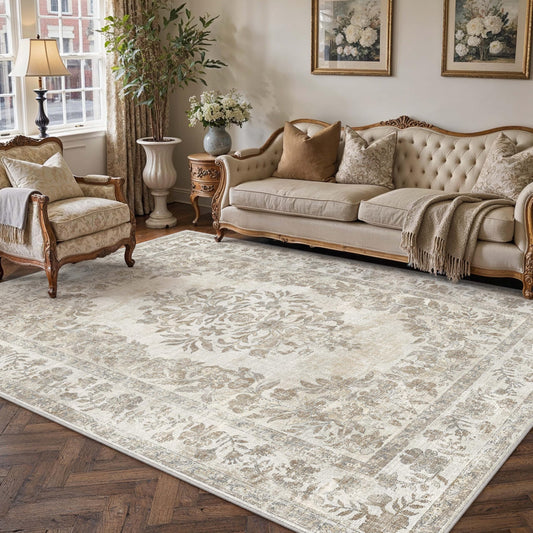 PureCozy 5x7 Area Rug Beige Washable Vintage Distressed Living Room Carpet Large Bedroom Indoor Medallion Floral Non Slip Retro Throw Floor Mat for Office Dining Room Kitchen Bathroom