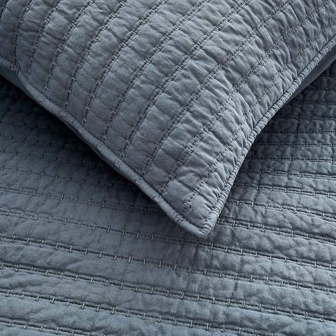 WDCOZY 100% Cotton Oversized King Size Quilt Set - Dusty Blue California Cal King Striped Pick Stitch Soft Lightweight Bedspread, Textured Like Linen, Farmhouse Country Rustic Coverlet, 3 Pieces