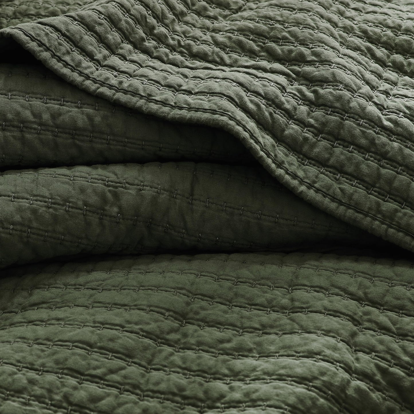 WDCOZY 100% Cotton King Size Quilt Set - Olive Green Striped Pick Stitch Soft Lightweight Bedspread, Textured Like Linen, Farmhouse Country Rustic Coverlet, Shabby Chic Gauze Bedding, 3 Pieces