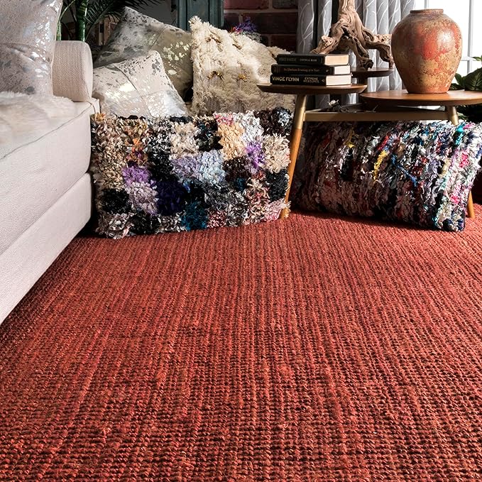 nuLOOM 4x6 Daniela Jute Tassel Hand Woven Area Rug, Brick, Solid Chunky Farmhouse Design, Natural Fiber, For Bedroom, Dining Room, Living Room, Hallway, Office, Entryway