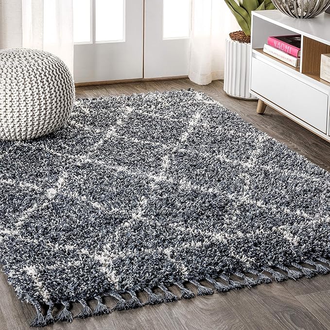 JONATHAN Y Mercer Shag Plush Tassel Blue/Cream Indoor Area Rug, 5x8, Moroccan Geometric Trellis, Easy-Cleaning for Living Room, Bedroom, Kitchen, Pet Friendly, Non-Shedding (MCR101A-5)