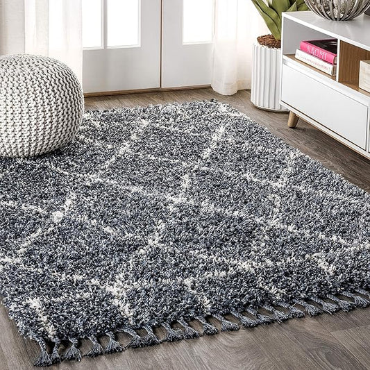 JONATHAN Y Mercer Shag Plush Tassel Blue/Cream Indoor Area Rug, 4x6, Moroccan Geometric Trellis, Easy-Cleaning for Living Room, Bedroom, Kitchen, Pet Friendly, Non-Shedding (MCR101A-4)