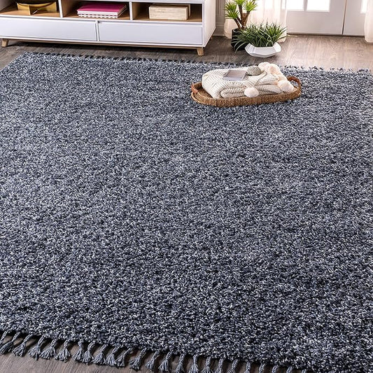 JONATHAN Y Mercer Shag Plush Tassel Denim Blue Indoor Area Rug, 4x6, Contemporary, Modern, Easy-Cleaning for Living Room, Bedroom, Kitchen, Pet Friendly, Non-Shedding (MCR100C-4)