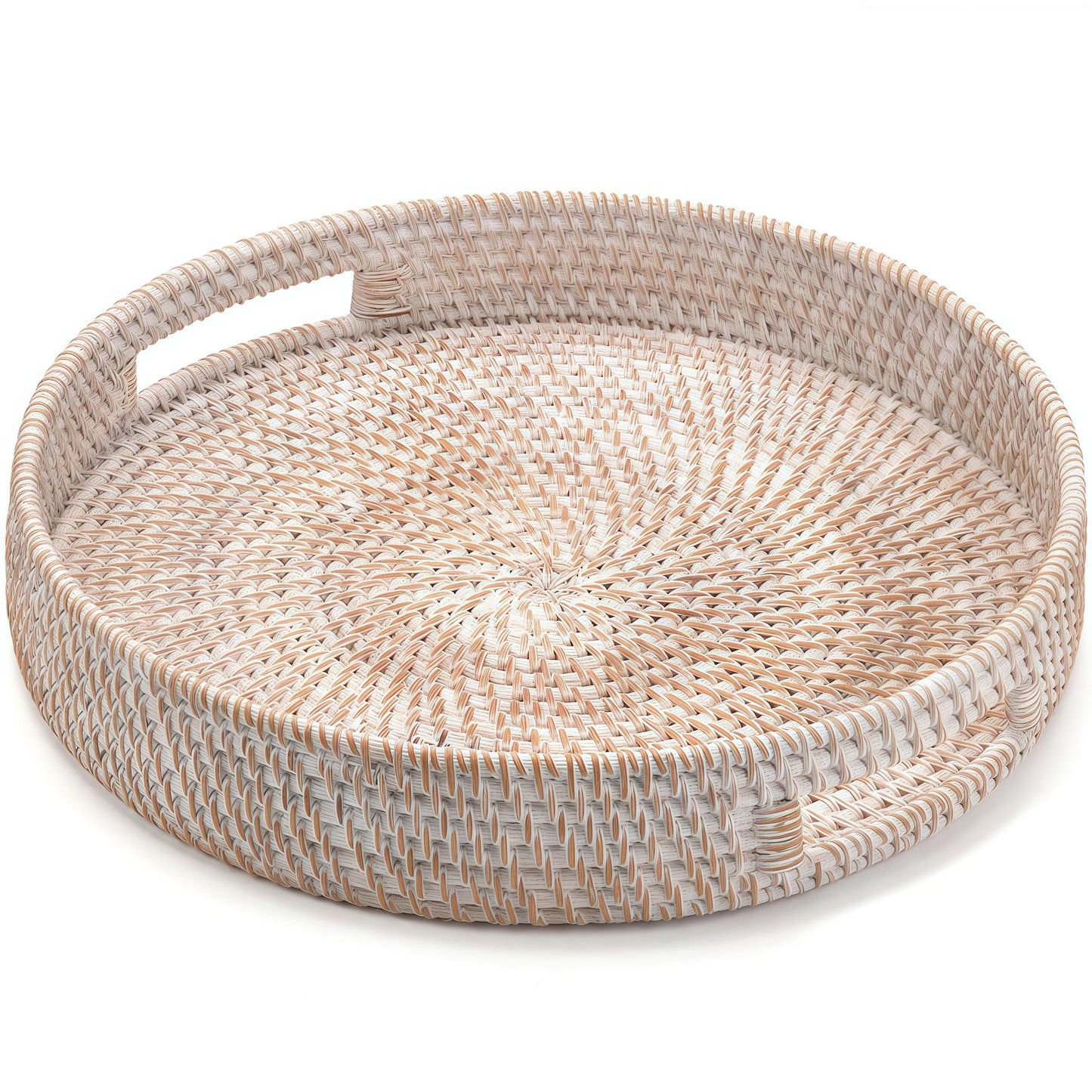 11.8" Round Rattan Tray, Hand Woven Serving Tray with Handles, Wicker Serving Basket, Decorative Tray for Home Decor, Whitewash