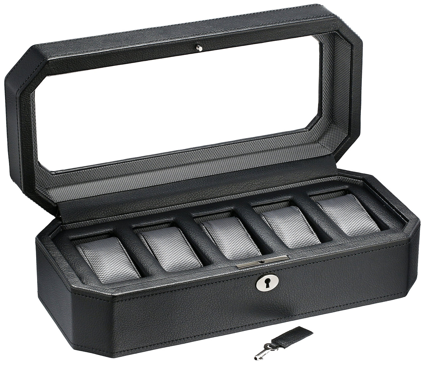 WOLF Windsor 5-Piece Watch Box, Black - Features Five Watch Compartments & Vegan Leather Exterior