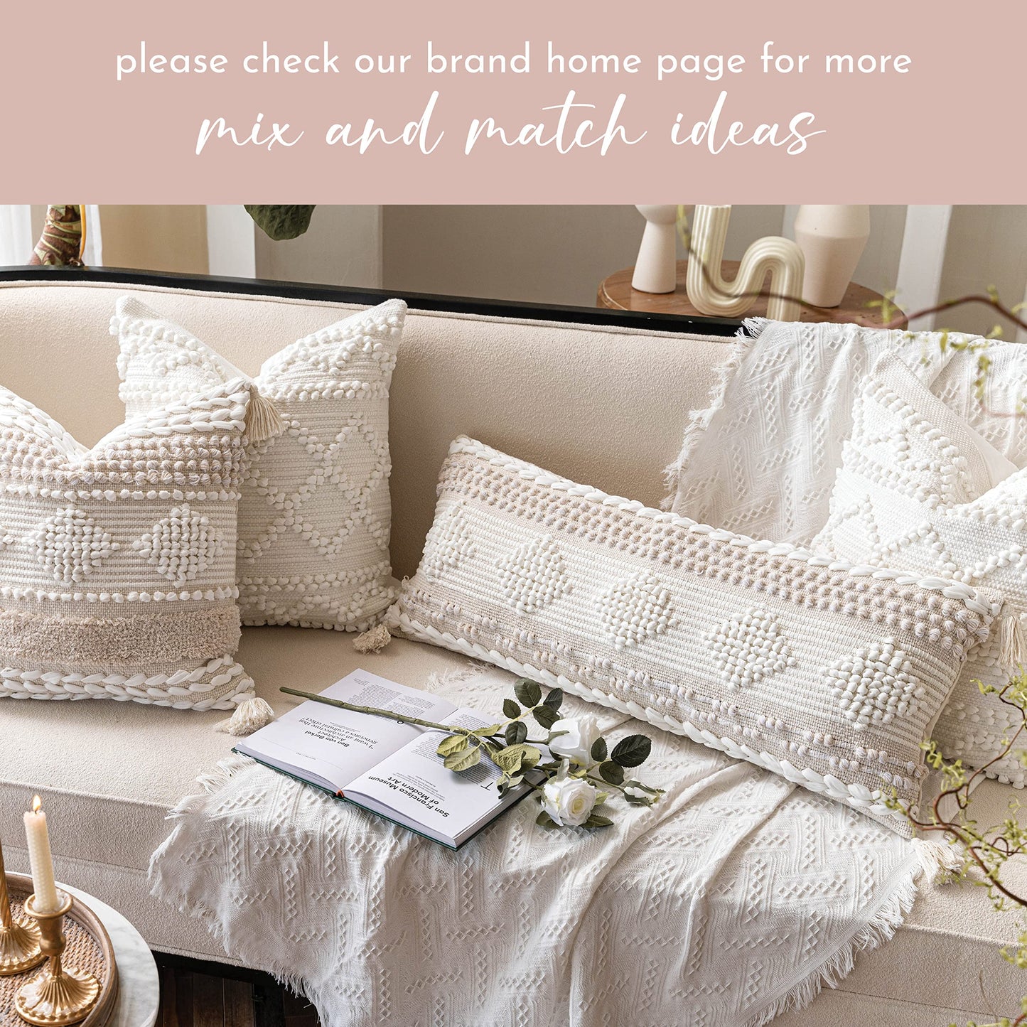 BlissBlush Cream Decorative Lumbar Throw Pillow Cover 14x36 Boho Long Cushion for Bed Neutral Beige White Accent Modern Farmhouse Pillowcase for Bedroom Living Room Couch Sofa Home Décor Cover ONLY