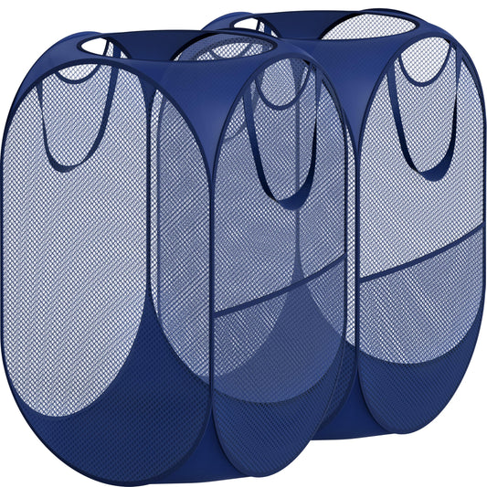 Simple Houseware Mesh Pop-Up Laundry Hamper Basket with Side Pocket, Dark Blue - 2 Pack