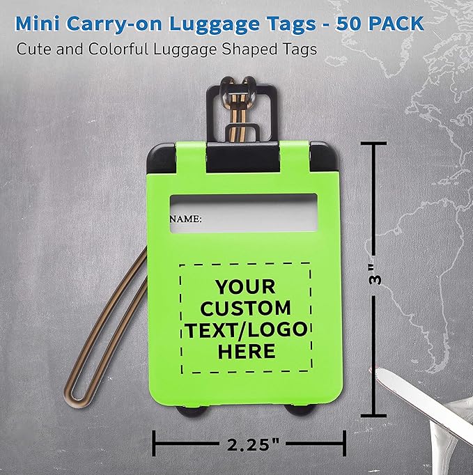 50 Mini Carry-on Luggage Tags Pack - Customizable Text, Logo - Flip Open Cover, ID Sticker - Lime Green