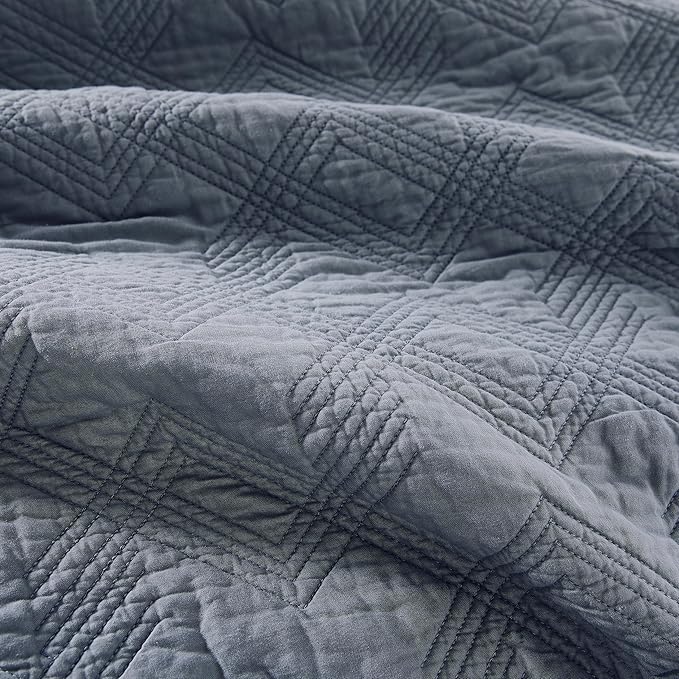 WDCOZY 100% Cotton Twin Size Quilt Set - Dusty Blue Pre-Washed Soft Lightweight Modern Bedspread, Farmhouse Country Rustic Coverlet, Textured Like Linen, Shabby Chic Gauze Bedding, 2 Pieces