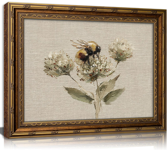 CXYWDHVO Vintage Gold Framed Textured Honeybee Canvas Wall Art, Muted Florals ＆ Bee Prints, Antique Elegant Insect Picture Wall Decor, for Hallway Bedroom Living Room Nursery 9x11 Inch