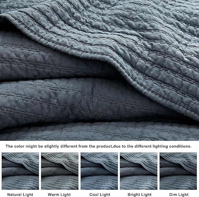 WDCOZY 100% Cotton King Size Quilt Set - Blue Striped Pick Stitch Soft Lightweight Bedspread, Textured Like Linen, Farmhouse Country Rustic Coverlet, Shabby Chic Gauze Bedding, 3 Pieces