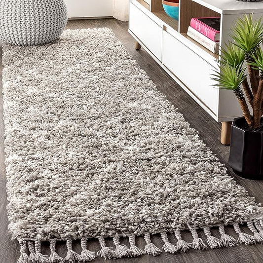JONATHAN Y Mercer Shag Plush Tassel Gray/Ivory Runner Rug, 2x8, Moroccan Geometric Trellis, Easy-Cleaning for Living Room, Bedroom, Kitchen, Pet Friendly, Non-Shedding (MCR101C-28)