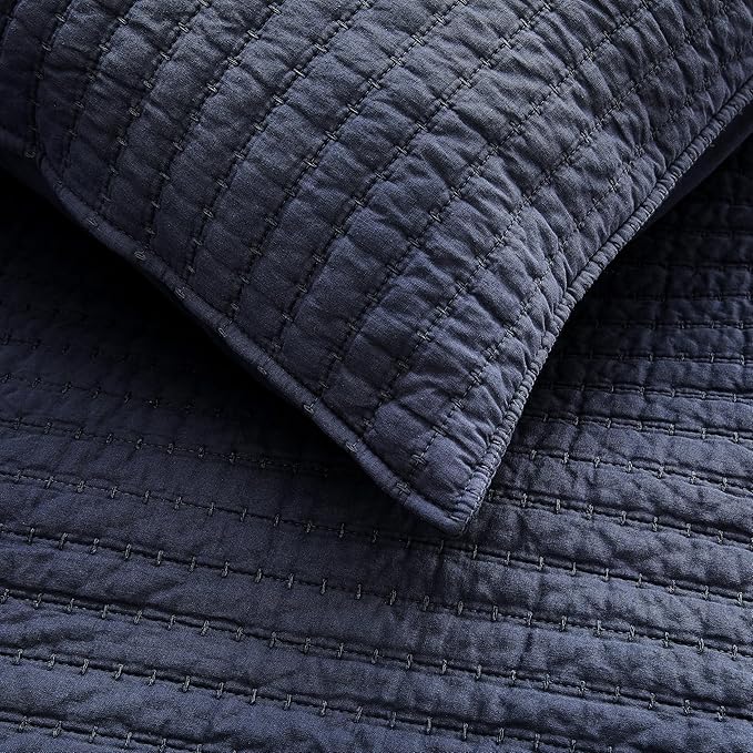 WDCOZY 100% Cotton King Size Quilt Set - Navy Blue Striped Pick Stitch Soft Lightweight Bedspread, Textured Like Linen, Farmhouse Country Rustic Coverlet, Shabby Chic Gauze Bedding, 3 Pieces