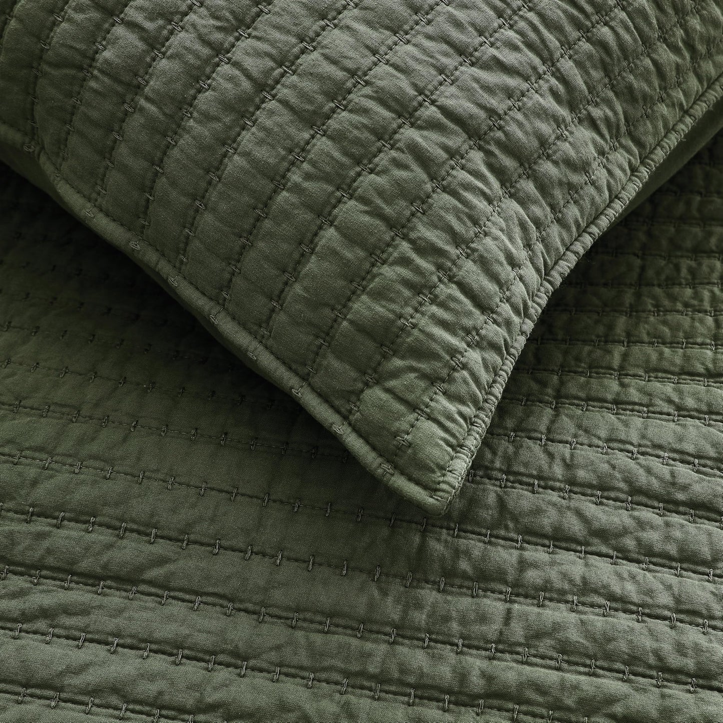 WDCOZY 100% Cotton King Size Quilt Set - Olive Green Striped Pick Stitch Soft Lightweight Bedspread, Textured Like Linen, Farmhouse Country Rustic Coverlet, Shabby Chic Gauze Bedding, 3 Pieces
